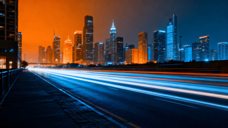 夜幕下的城市灯光轨迹图片