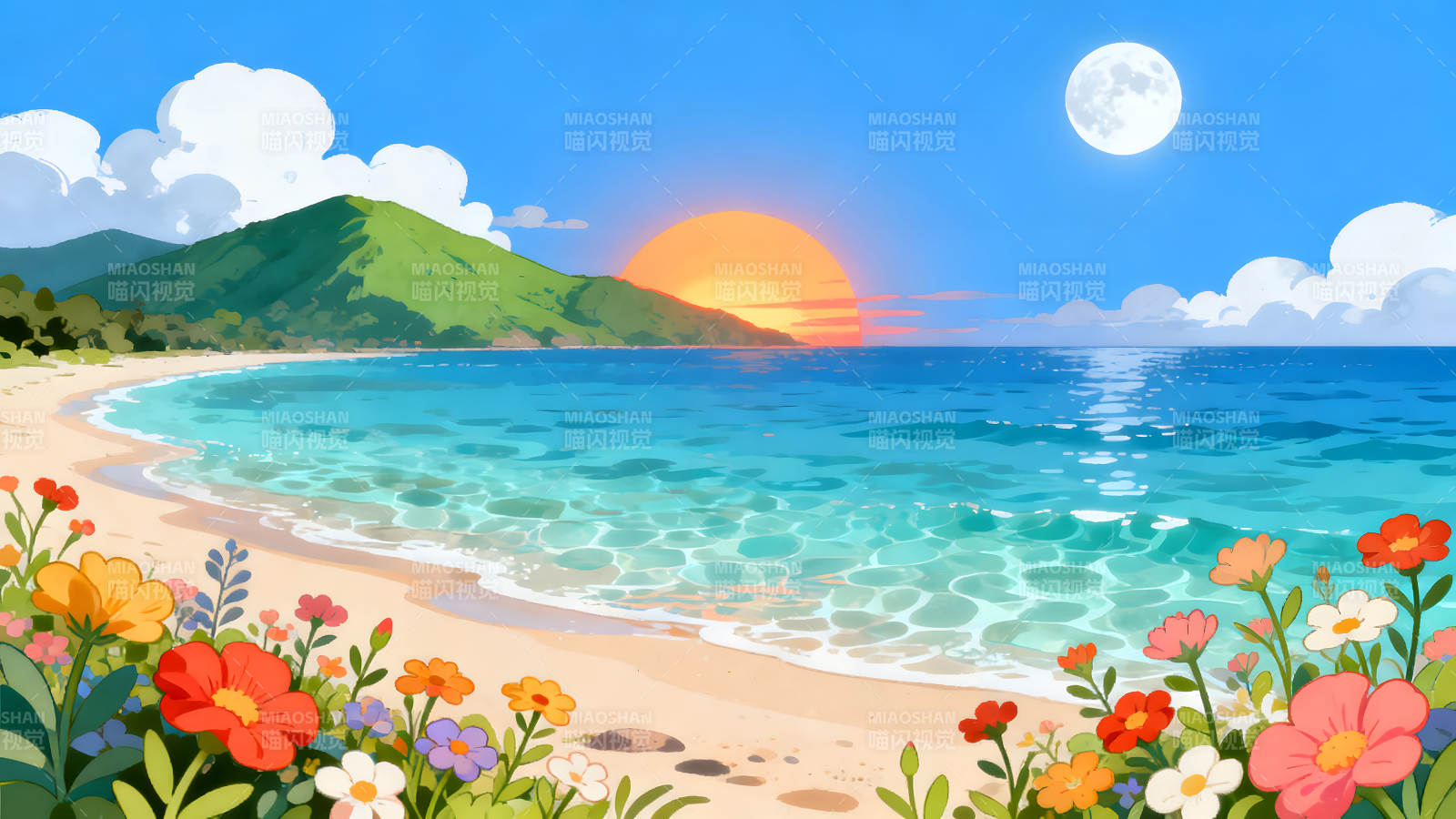 海滩日出与月亮下的鲜花图片