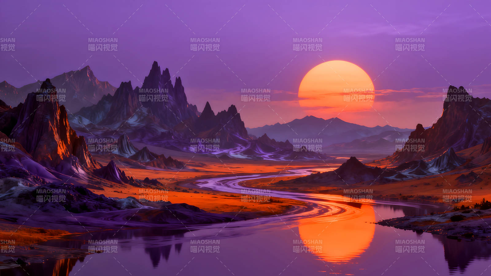 落日余晖下的奇幻山河图片