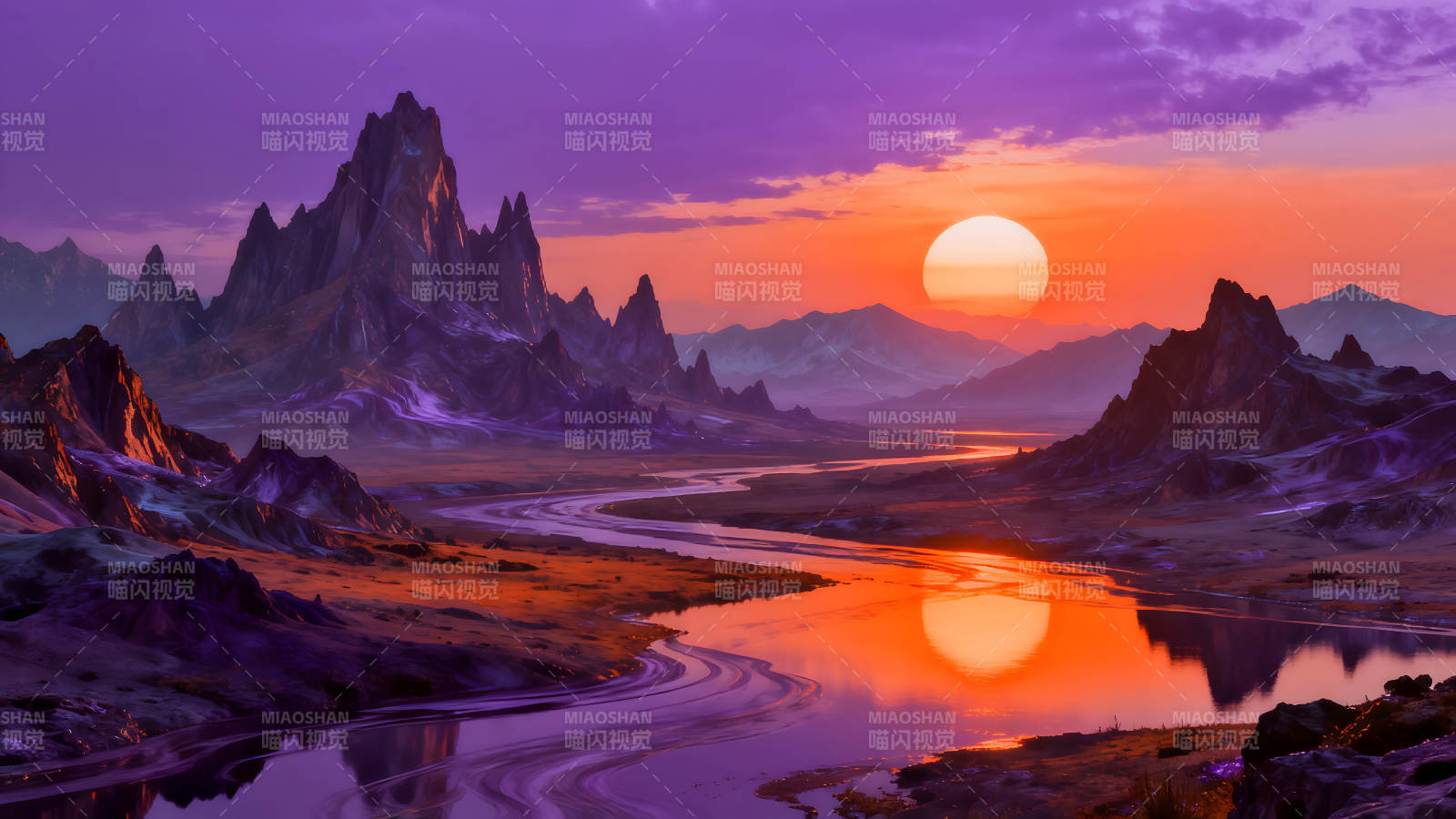 夕阳下的奇幻山河美景倒影绚丽图片