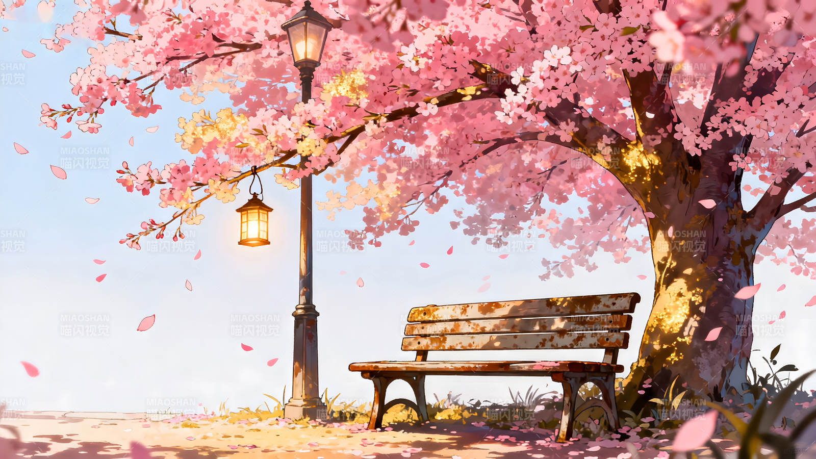 樱花树下长椅与灯光的美景图片