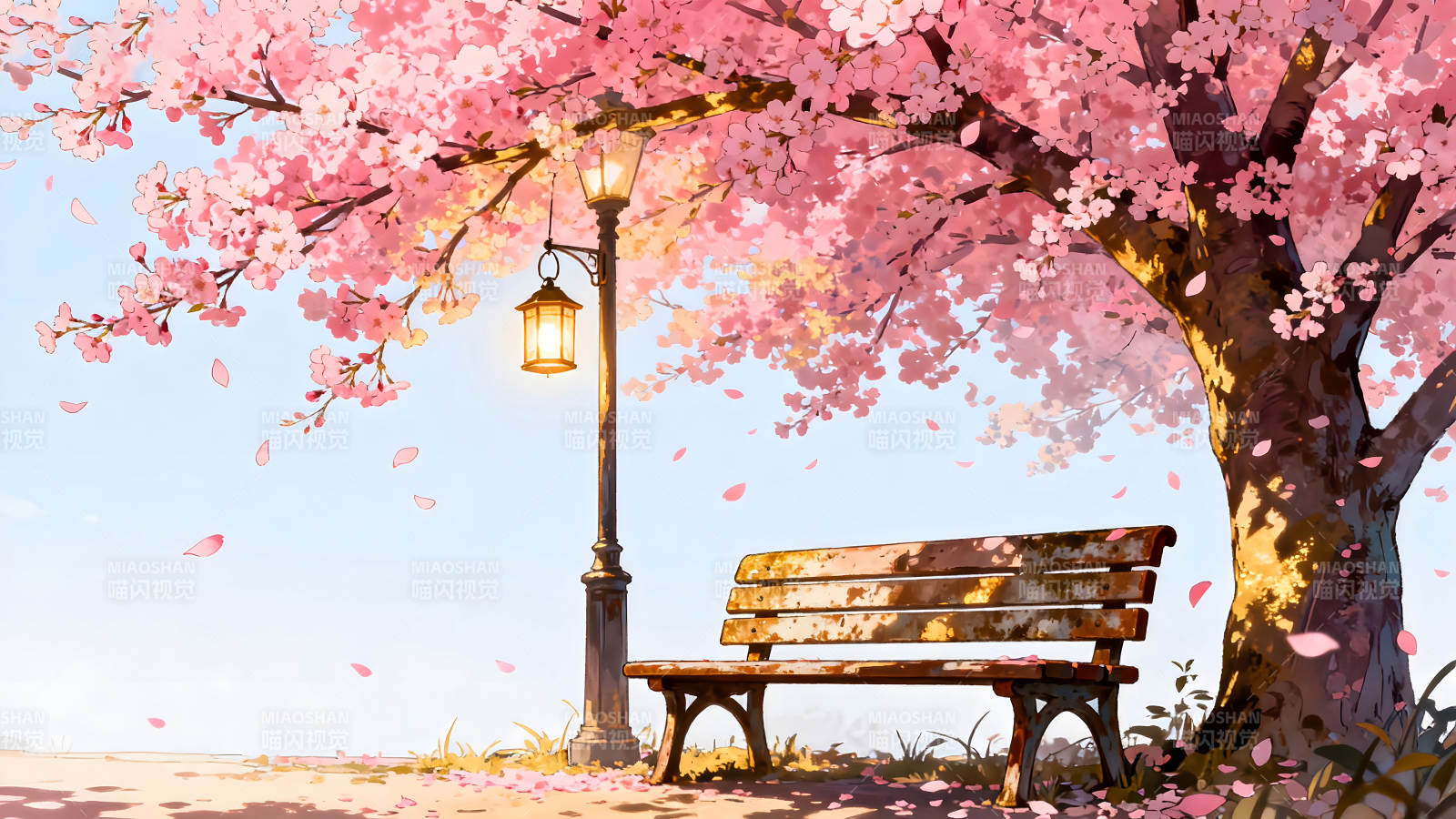 樱花树下的长椅和路灯图片