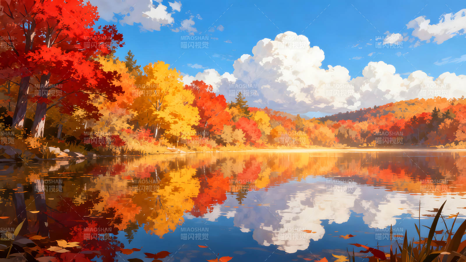 秋日湖光山色美景如画图片