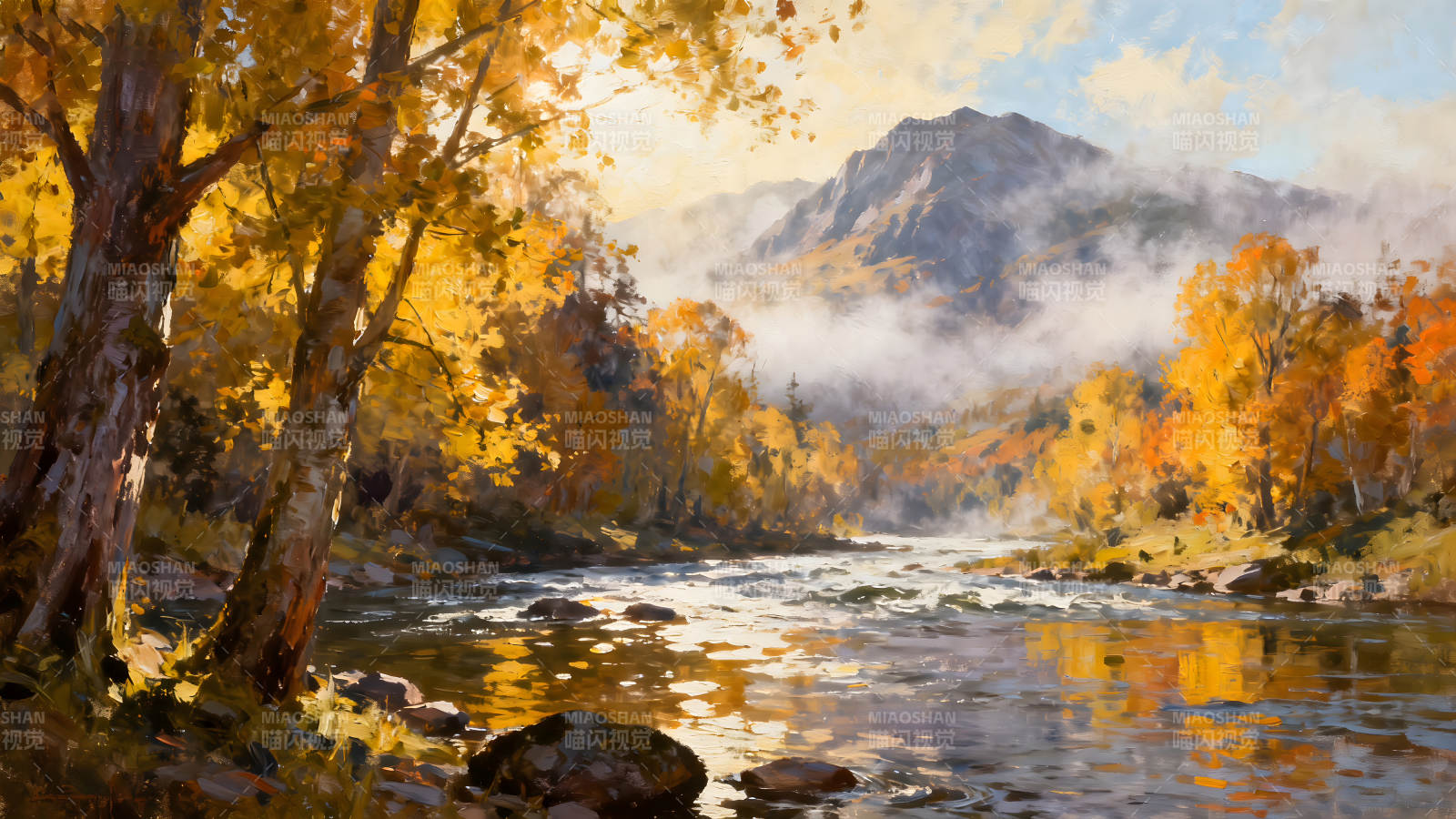 秋日河畔风景油画阳光洒在树木河流上图片