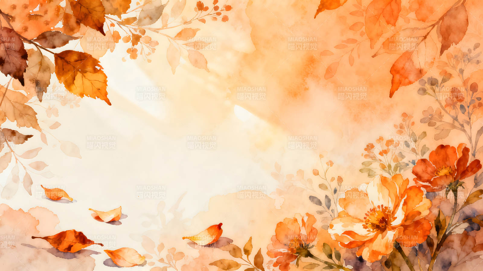 秋日水彩背景绚丽花叶点缀图片