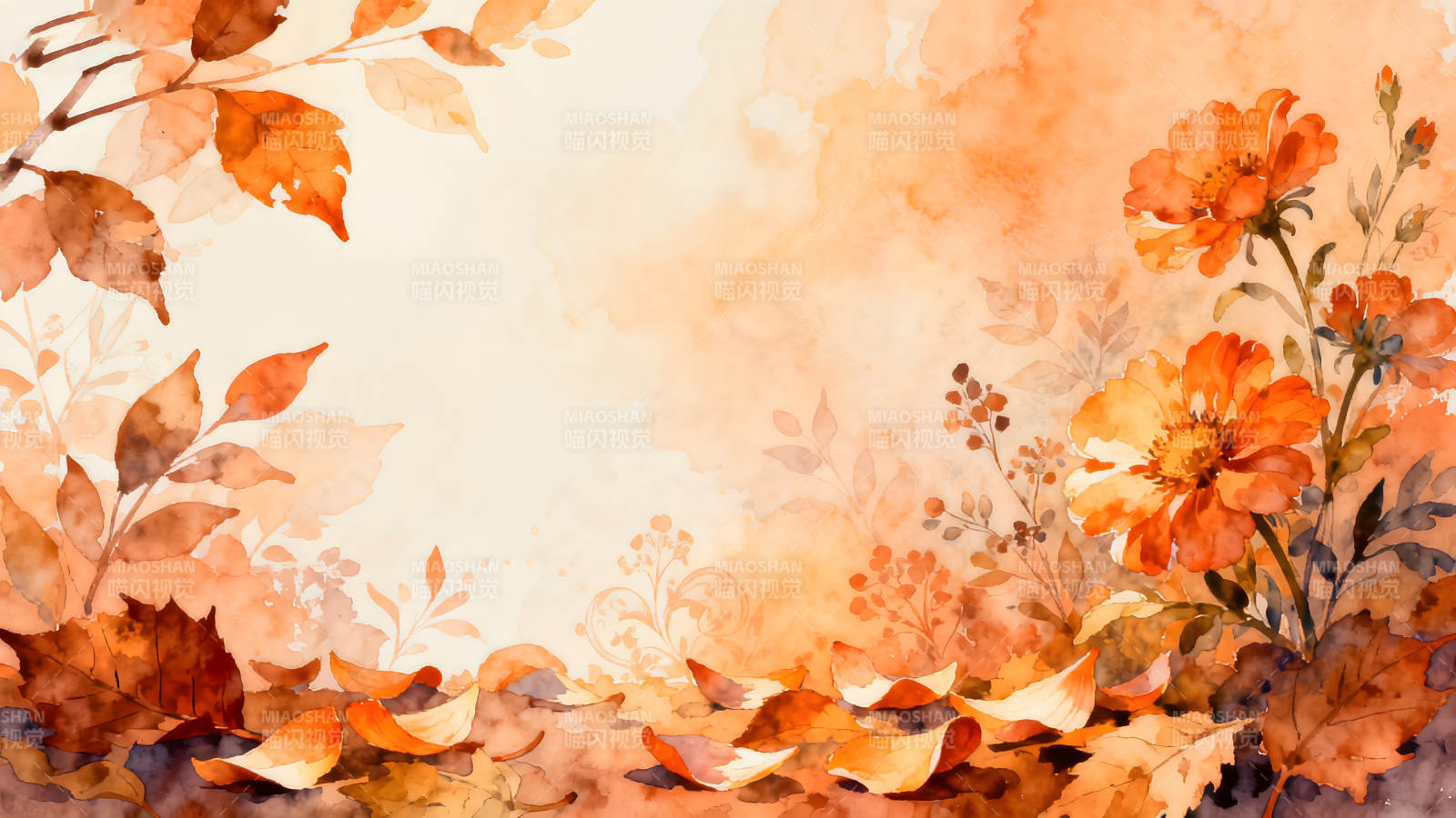 秋日水彩画橙色花朵与落叶图片