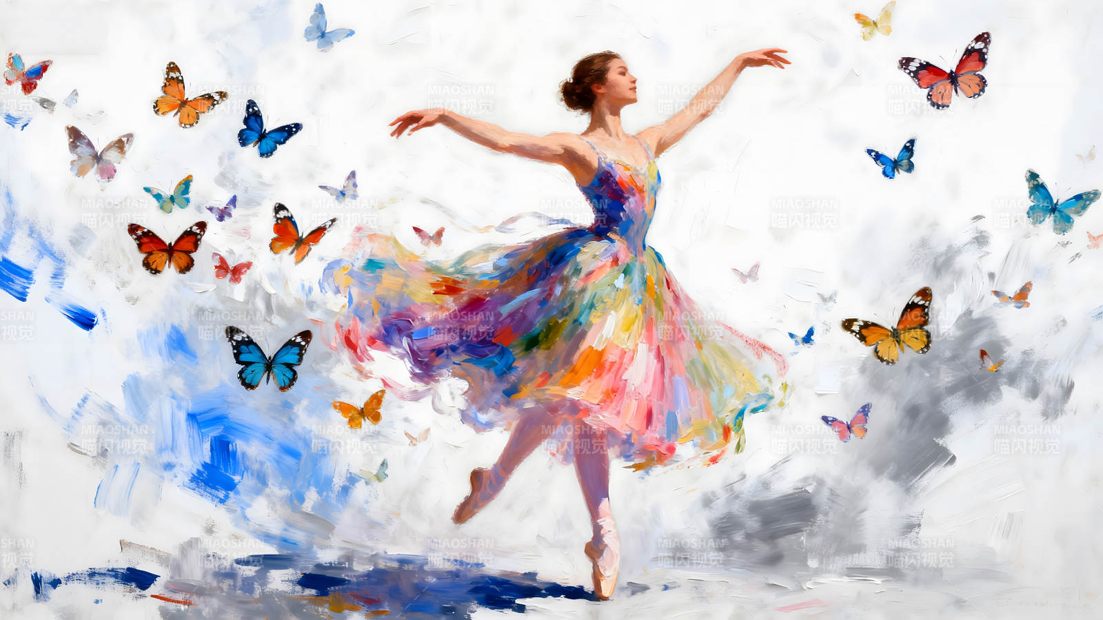 芭蕾舞者与蝴蝶飞舞的绘画图片