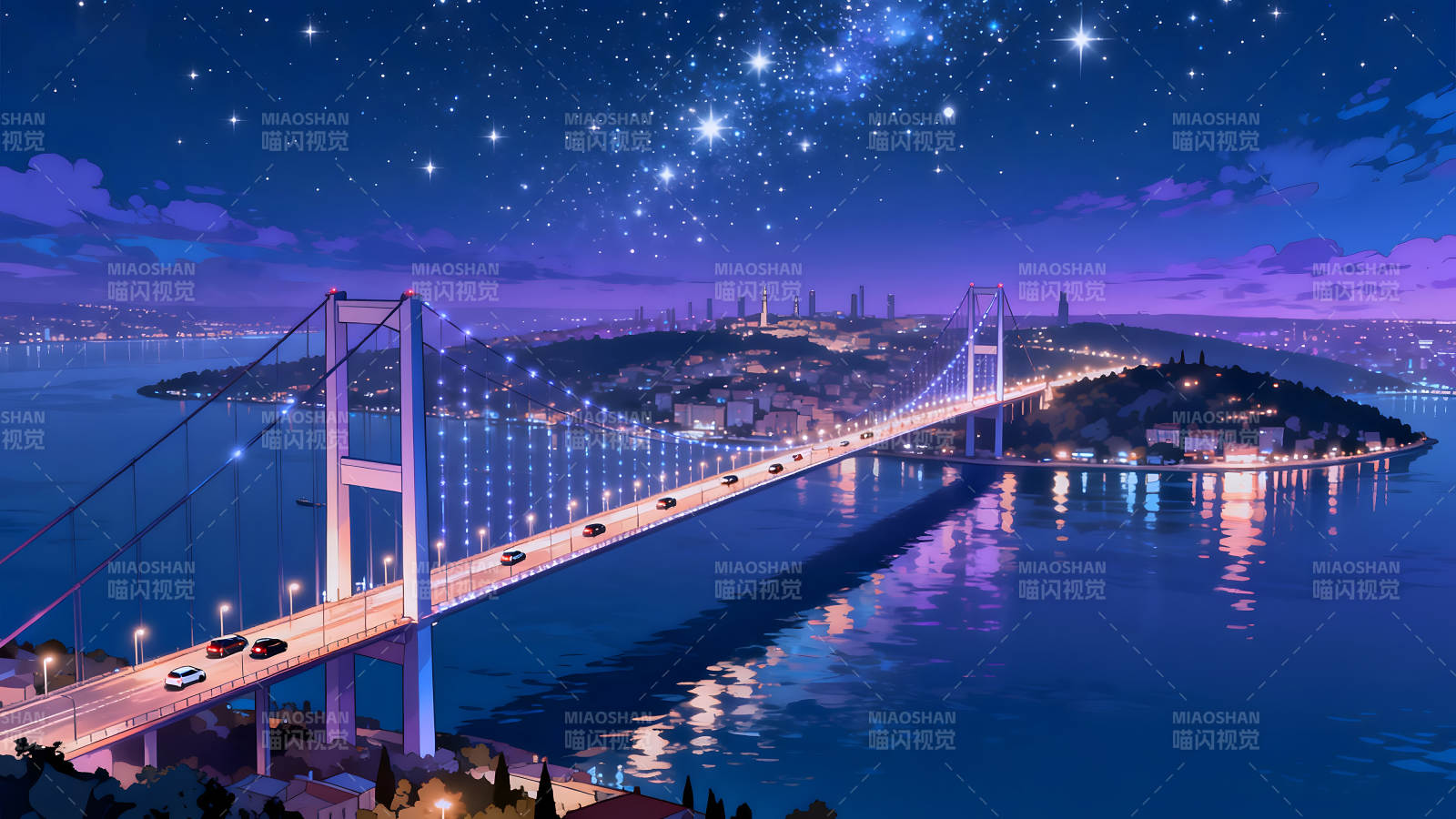 夜晚星空下的美丽大桥车流图片