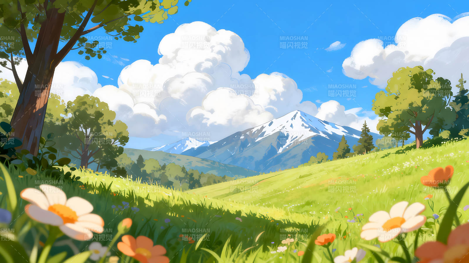 山峦风景下的绿草地鲜花盛开图片