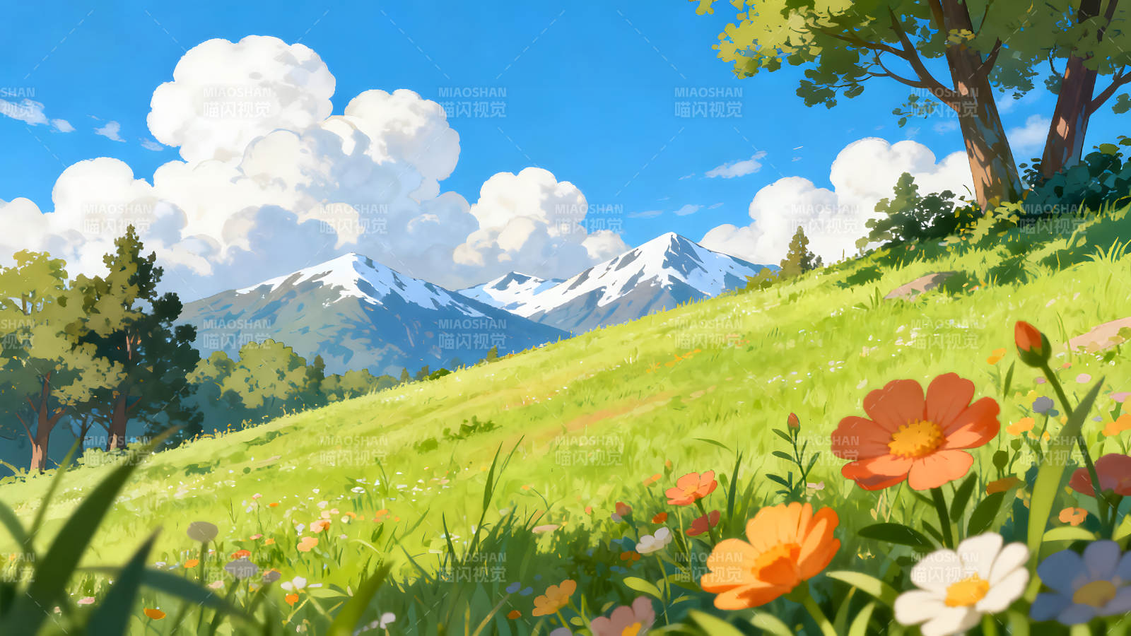 山坡花海蓝天白云下的美丽风景图片