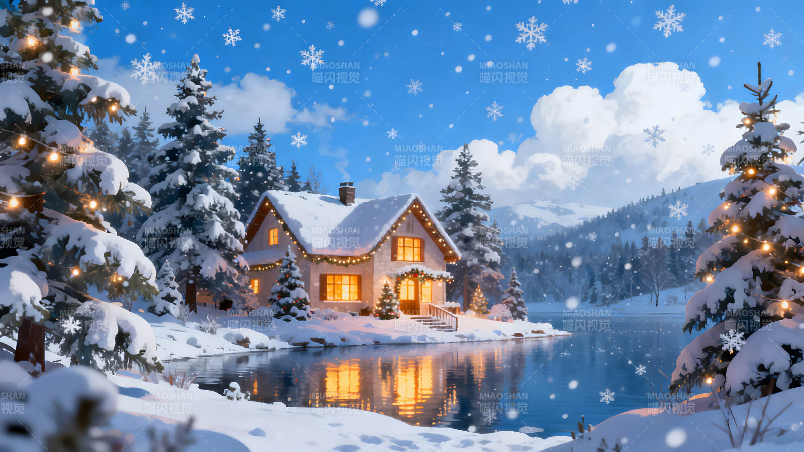 温馨冬日小屋雪景环绕光影交织图片