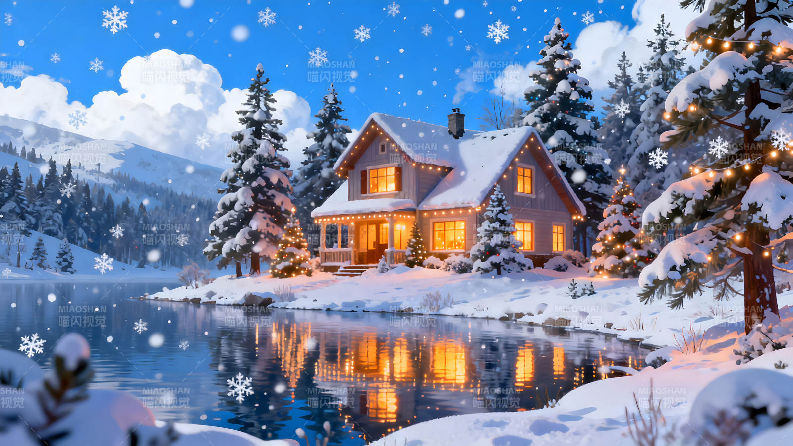 冬季小屋雪景湖泊灯光点缀图片