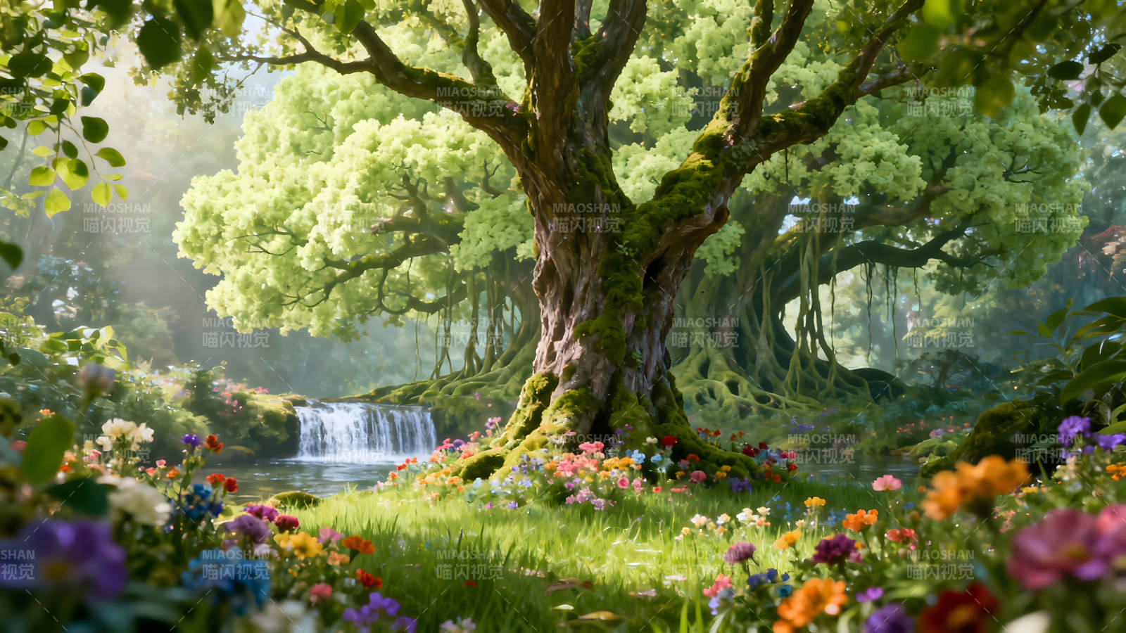 梦幻森林场景绿树环绕瀑布鲜花盛开图片