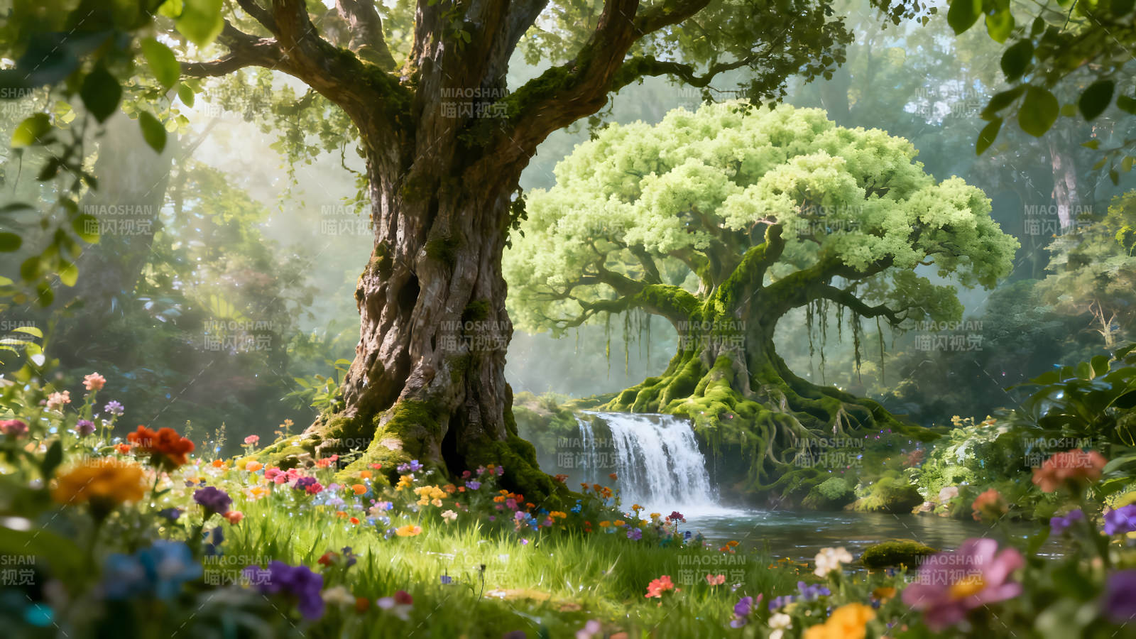 梦幻森林瀑布与鲜花盛开的场景图片