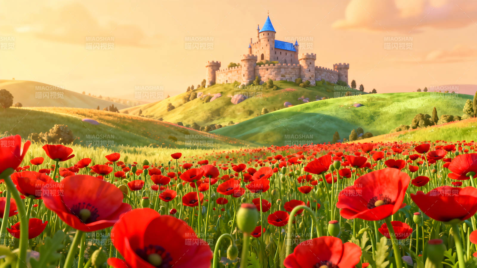 城堡花海田园风光唯美画面图片