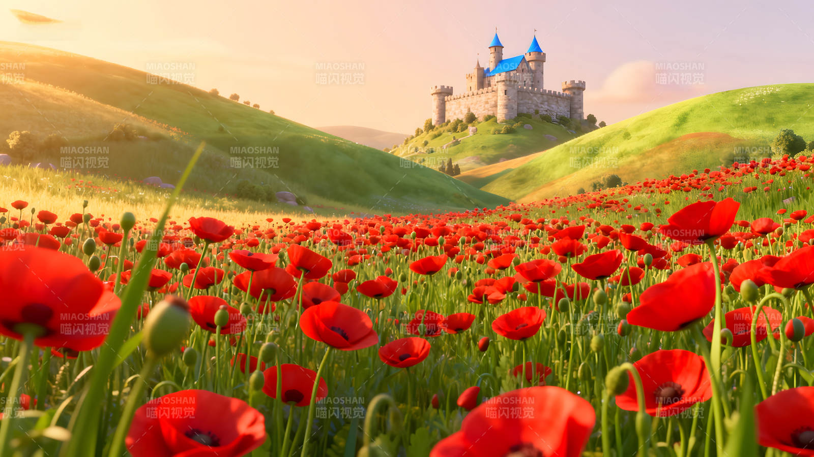 城堡与罂粟花田的田园风光图片