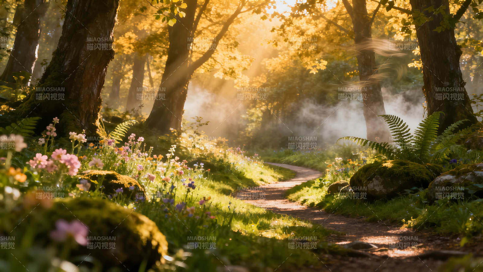 阳光透过树林小路蜿蜒通幽图片