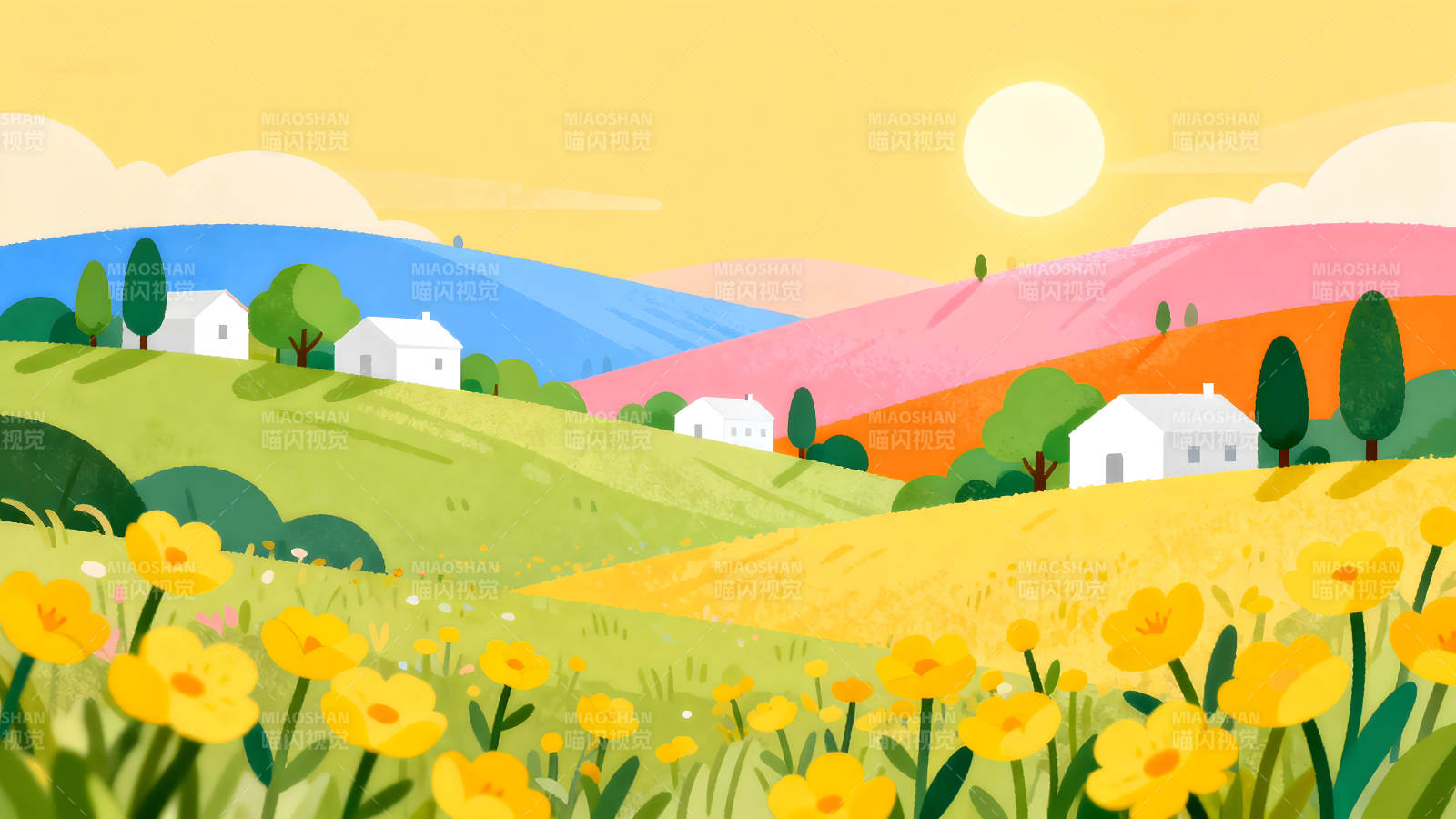 田园风光阳光明媚房屋花朵图片