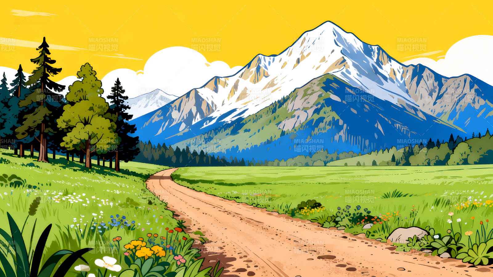 山间小路风景画阳光明媚景色宜人图片