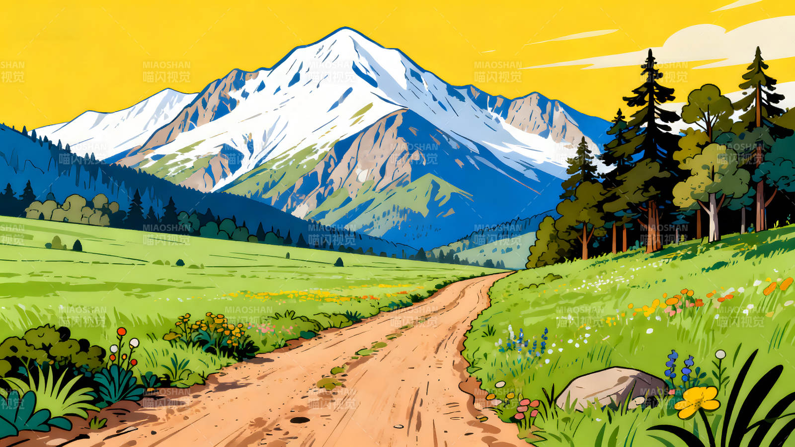 山川原野风景画道路通向远方图片