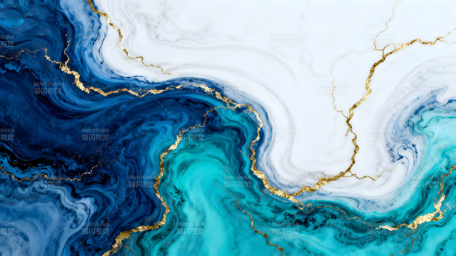 蓝色与金色的抽象水墨画图片