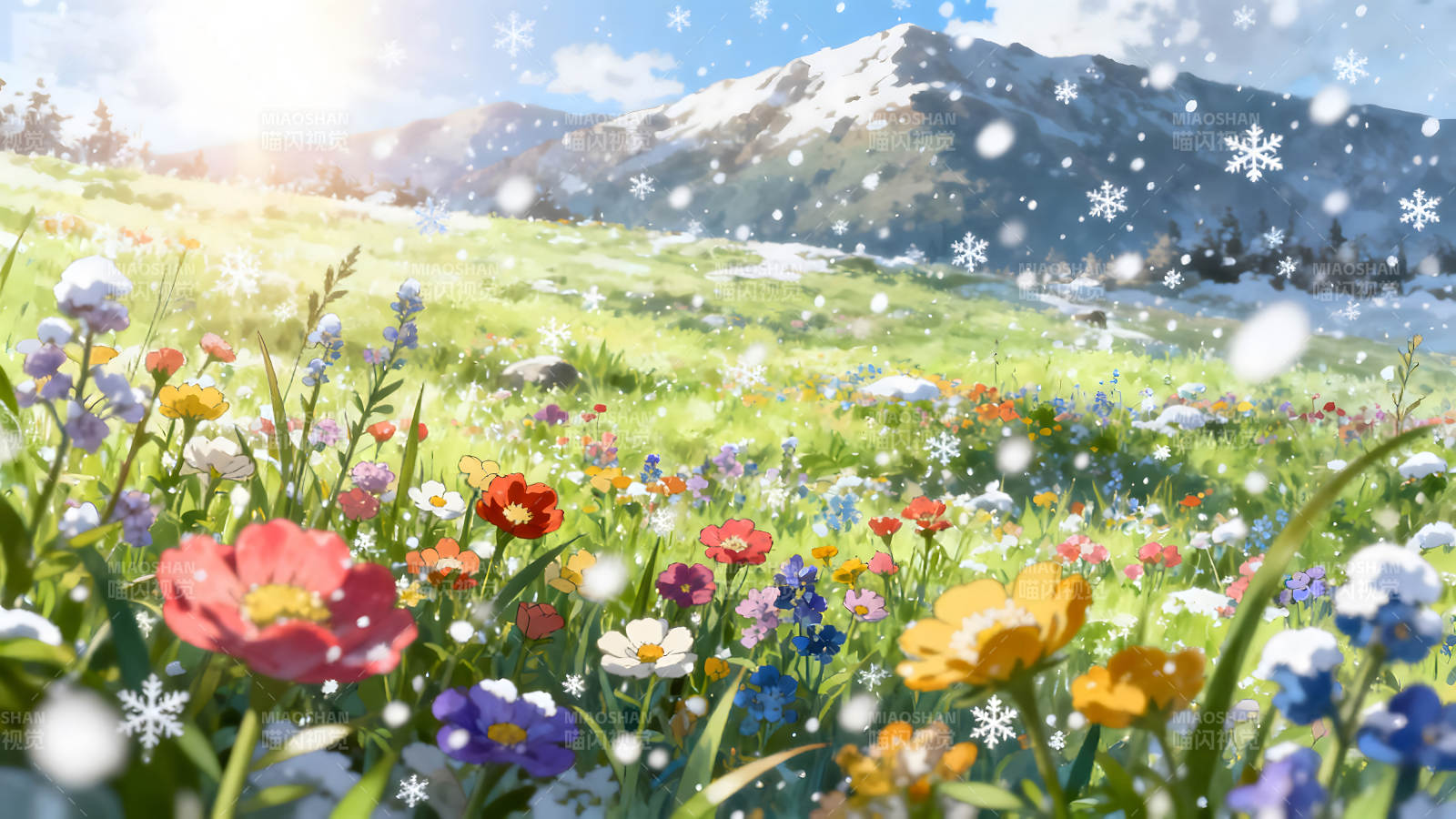 雪山花海景象图片