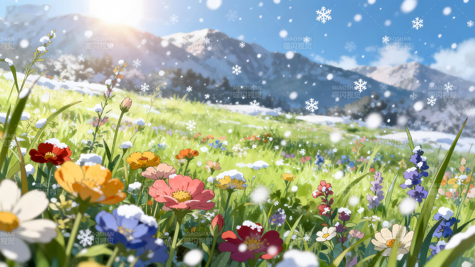 雪花飘落的花海与山景图片