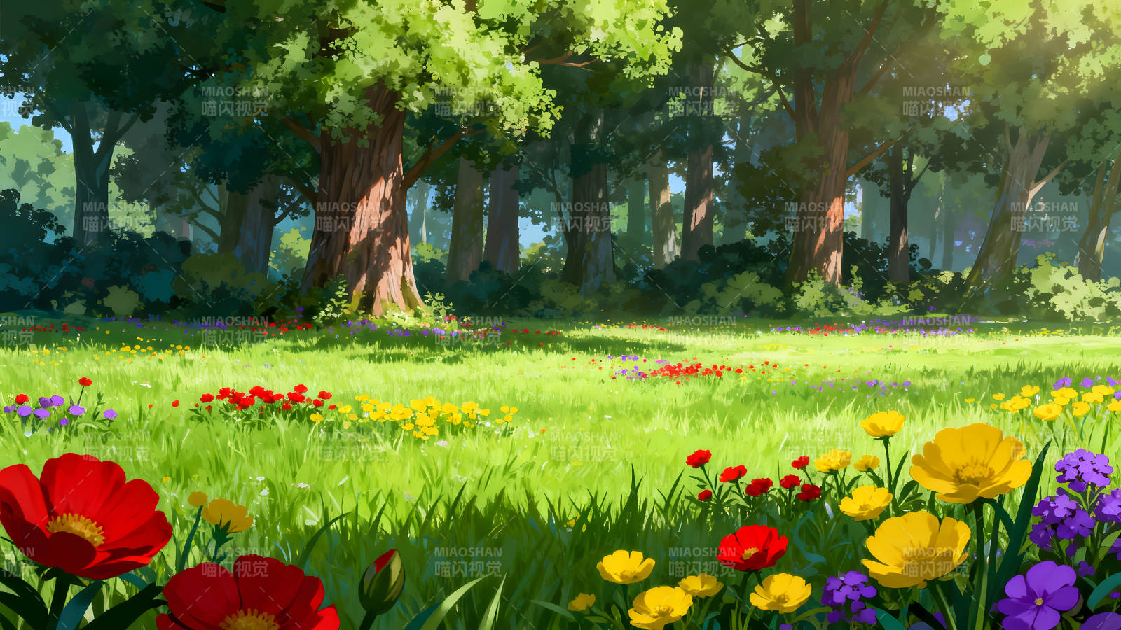 美丽的森林草地鲜花盛开图片