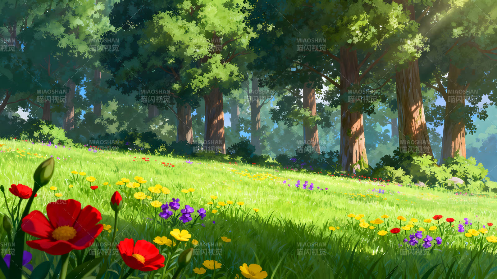 葱郁森林与繁花绿草的美丽画卷图片