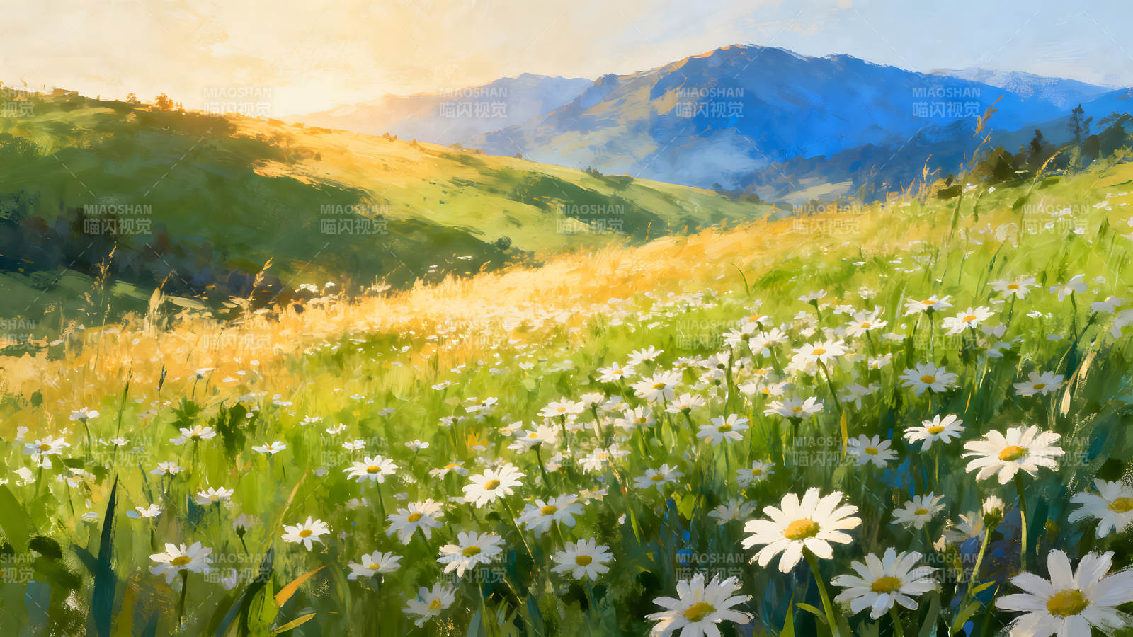 山间花海油画风景如画光影明媚图片