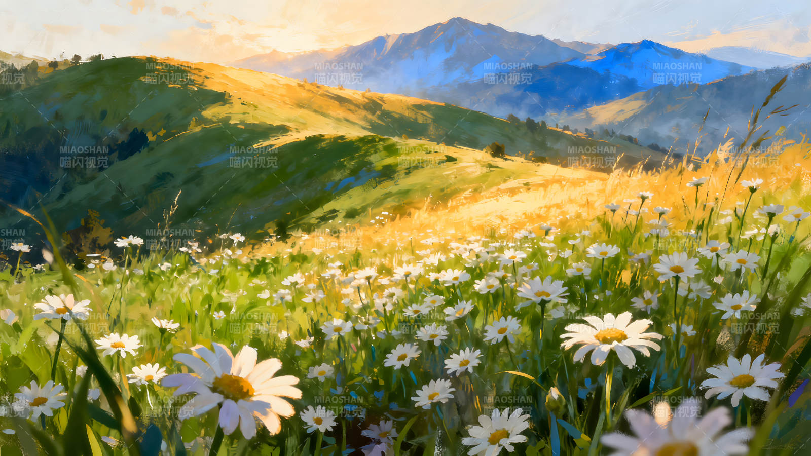 山坡花海夕阳美景图片