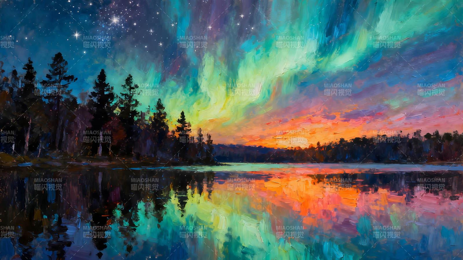 极光湖泊油画绚丽夜空美景图片