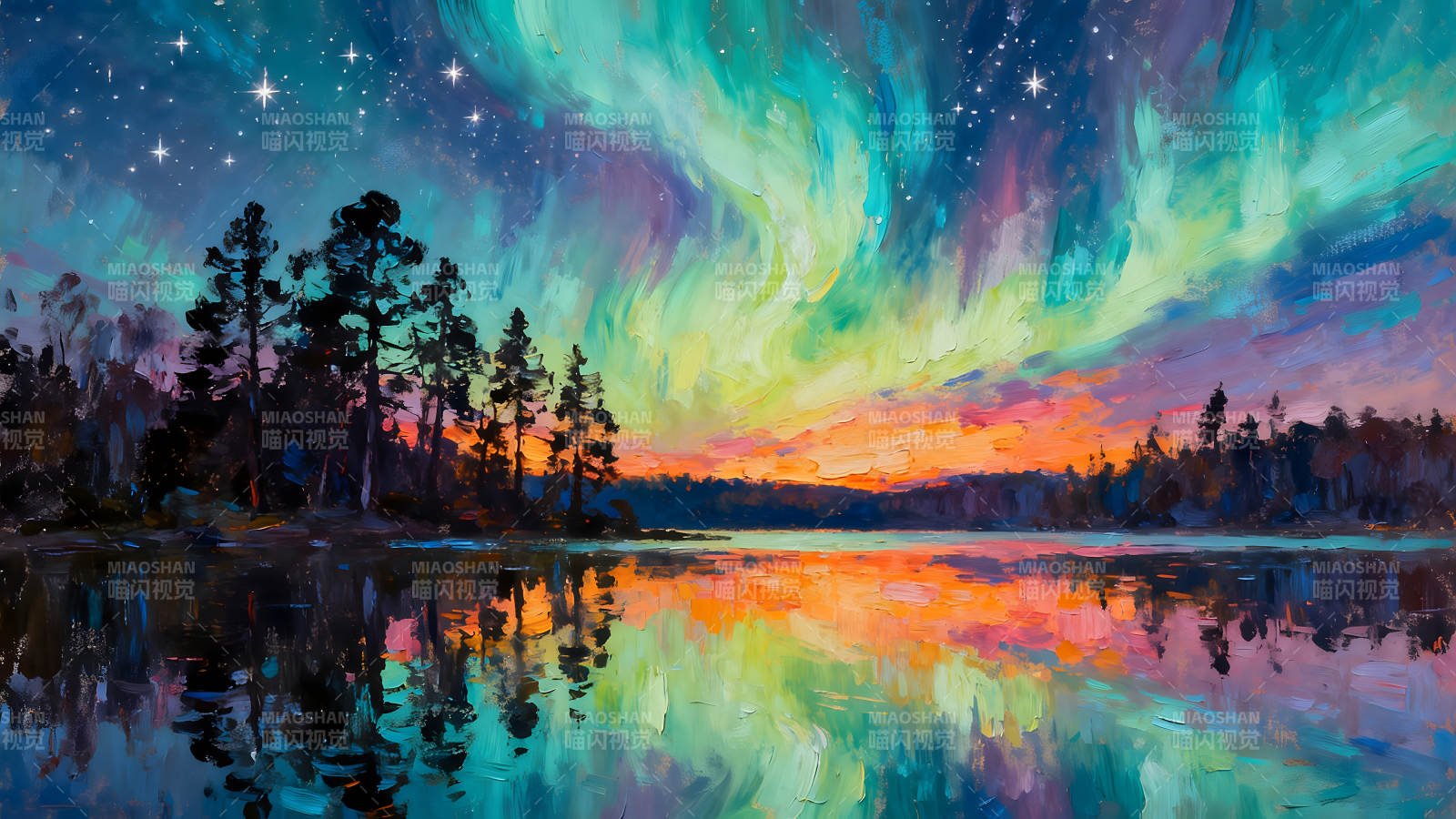 极光湖畔风景画作图片