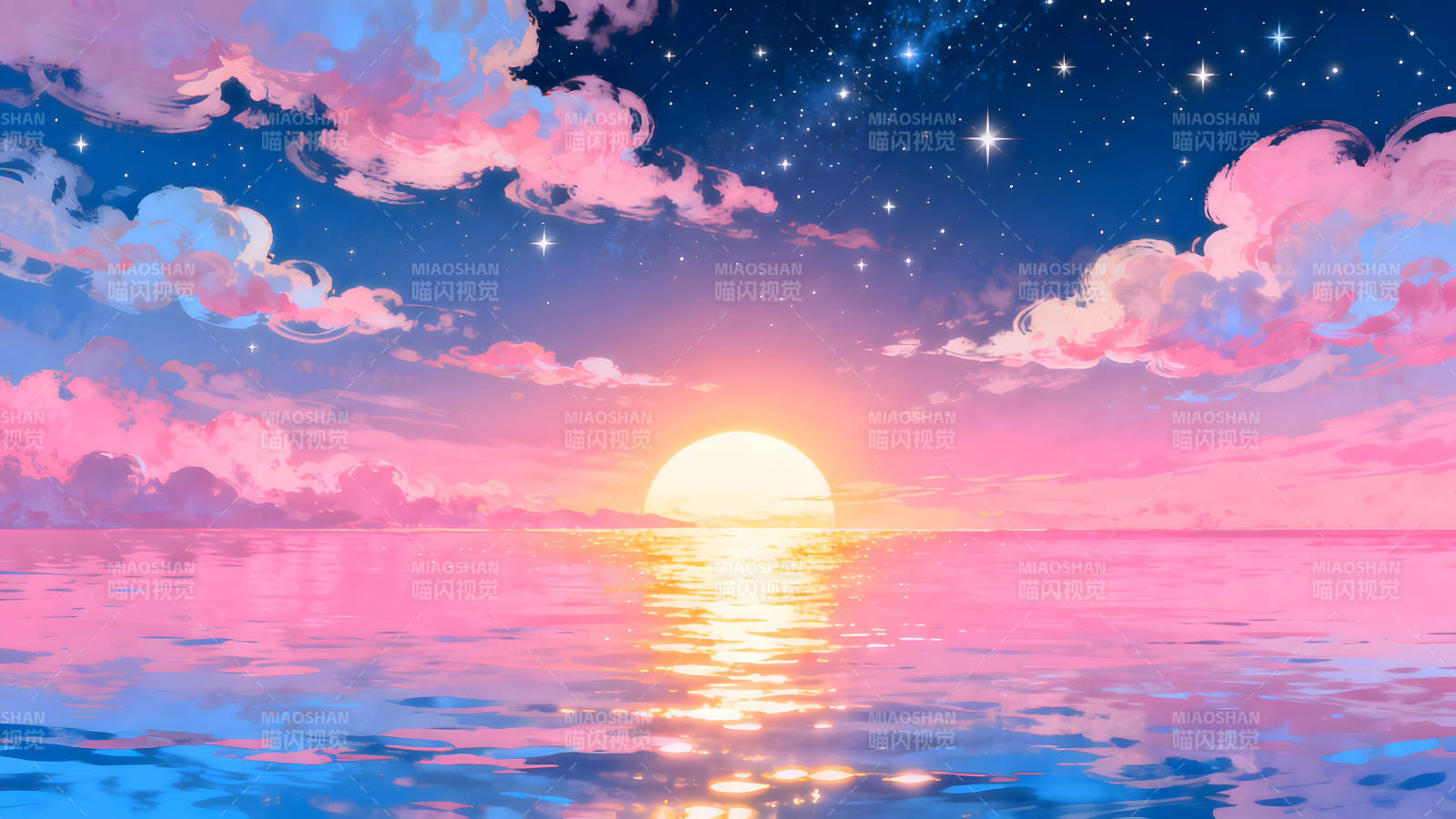 梦幻般的日落景色天空水面星光点缀图片