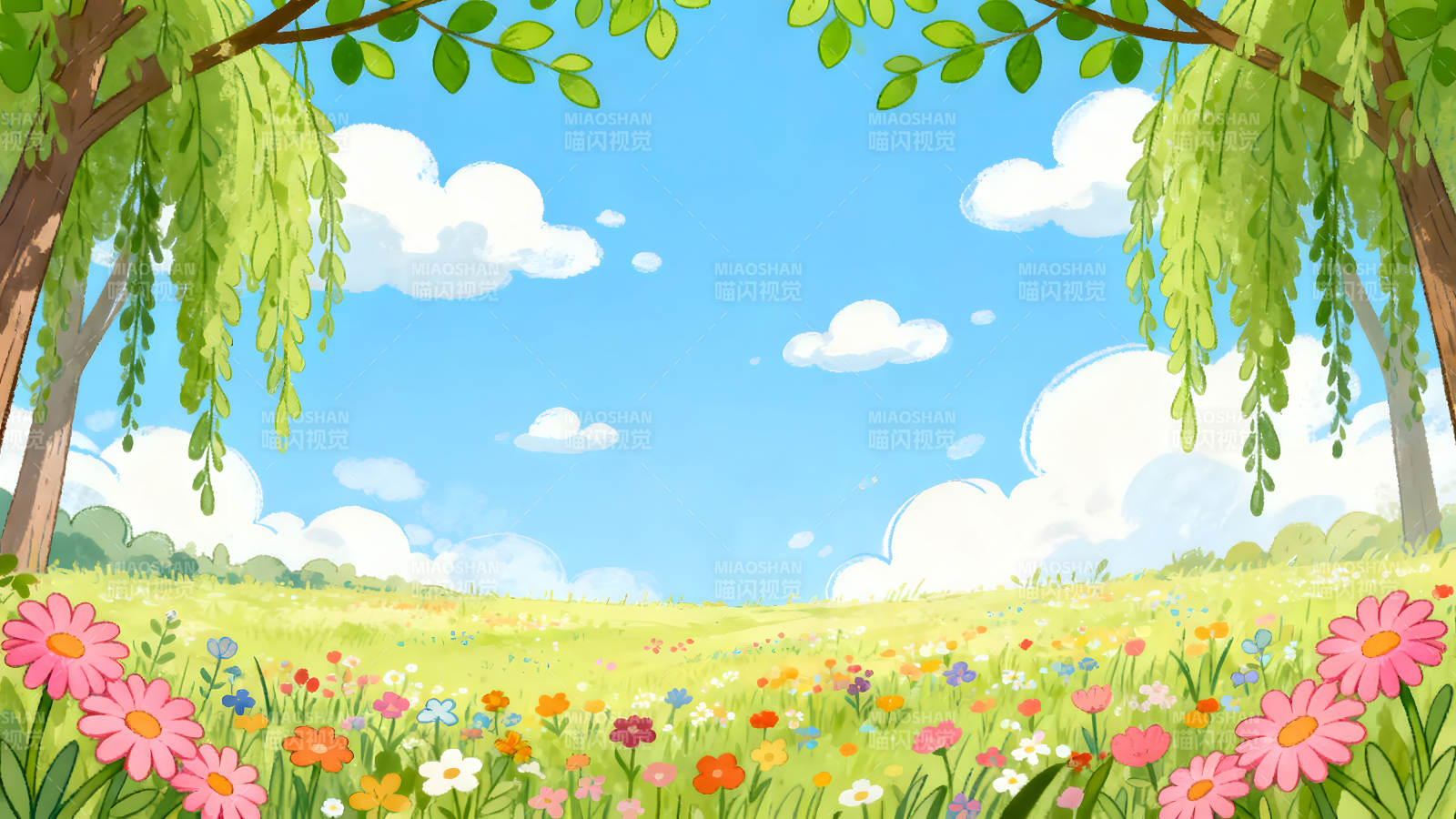 晴空万里鲜花盛开的草地图片