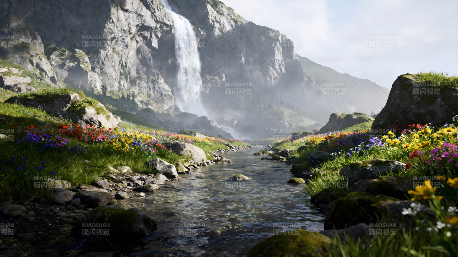 瀑布下溪流与鲜花盛开的山谷图片