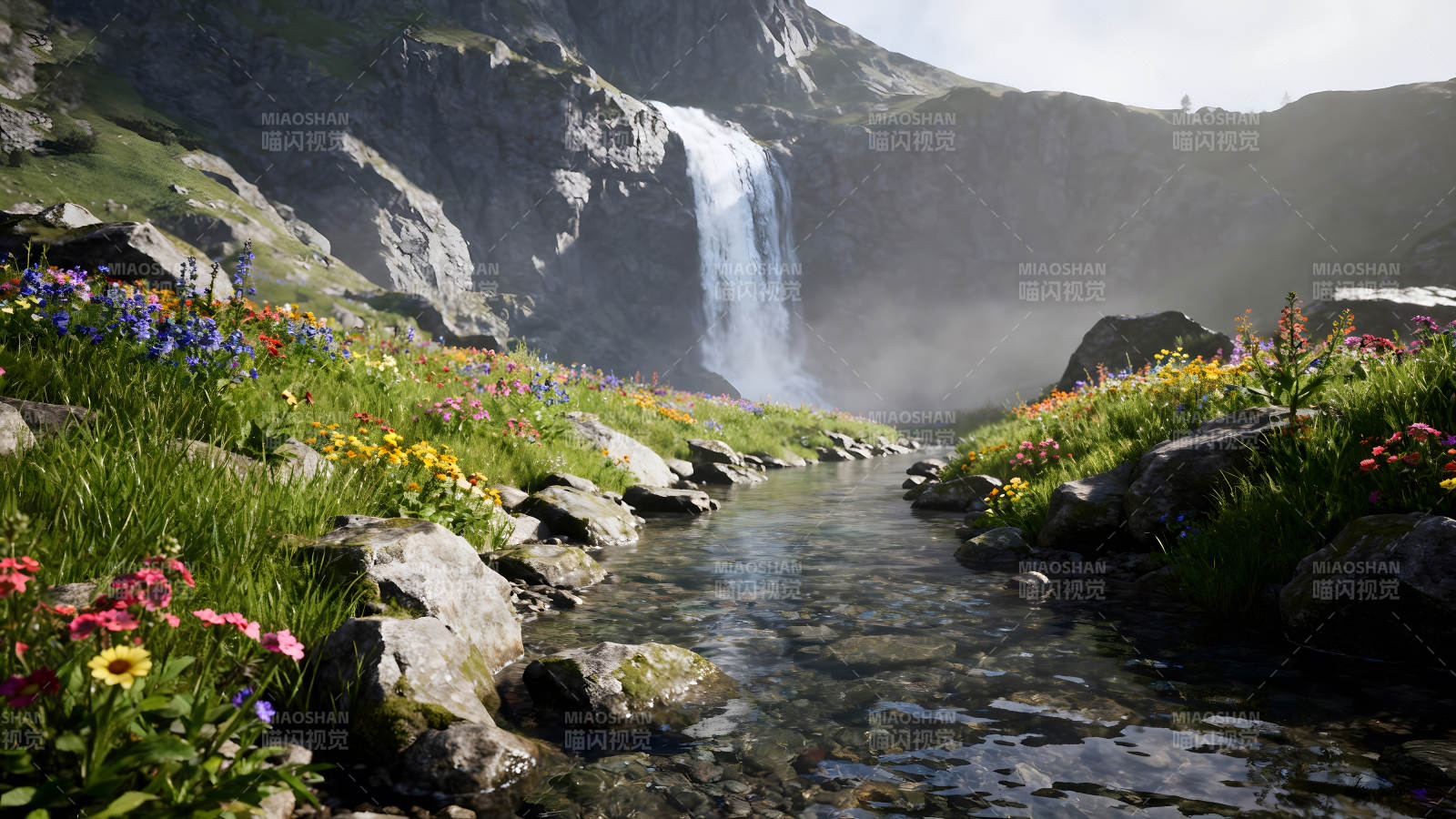 瀑布流水鲜花盛开风景如画图片
