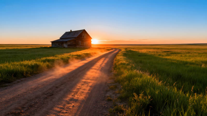 落日余晖下的乡村小路图片