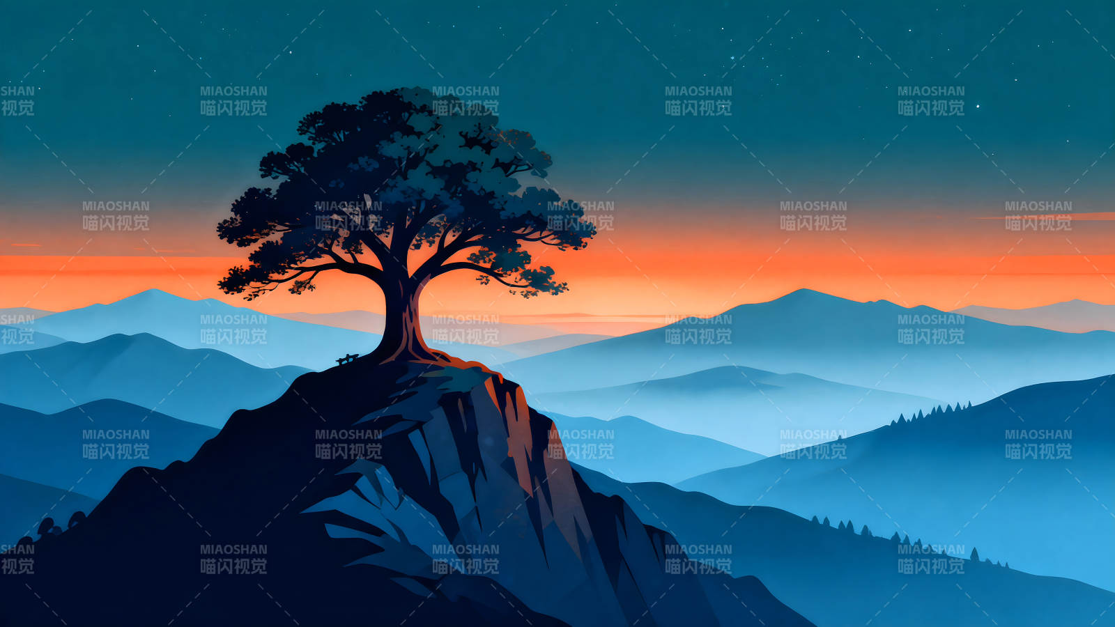 山顶上的树晚霞笼罩图片