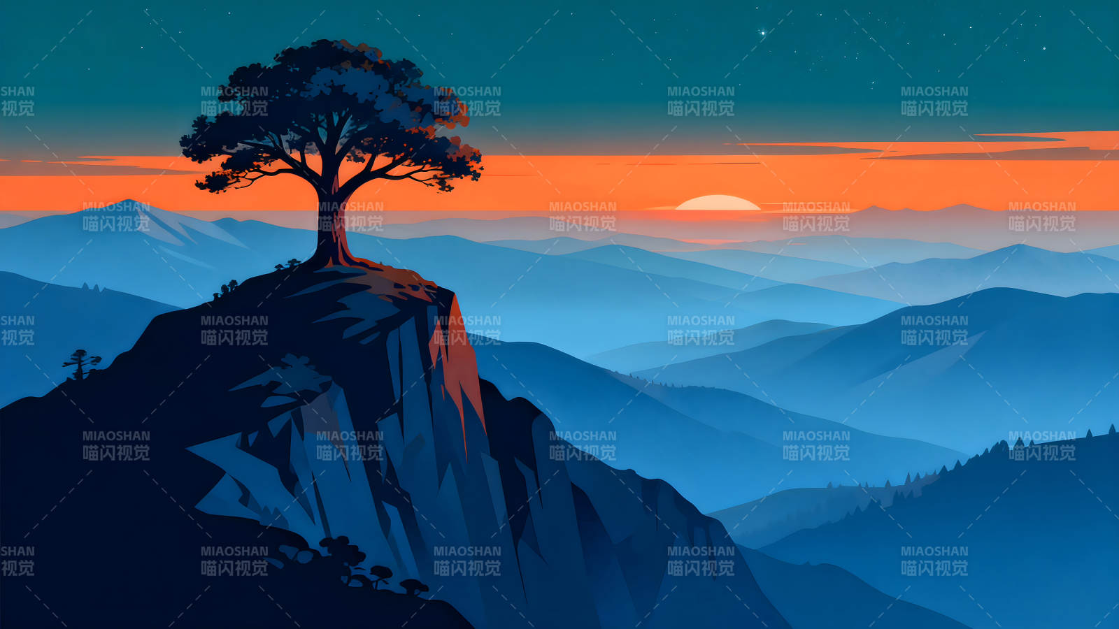 夕阳树影山峦风光图片