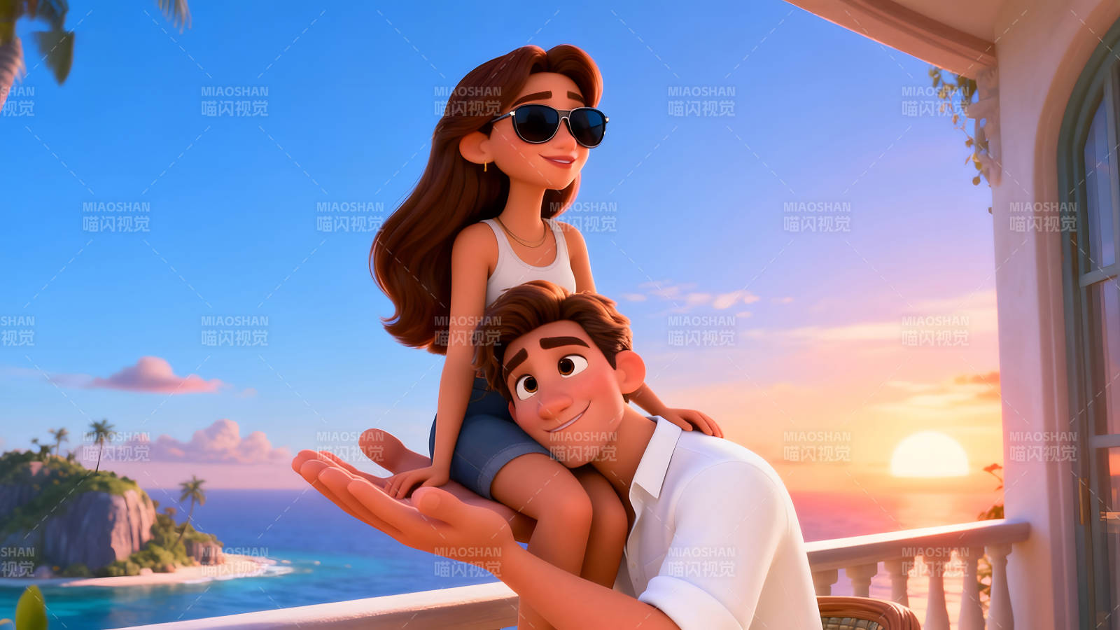 动画情侣依偎眺望风景图片