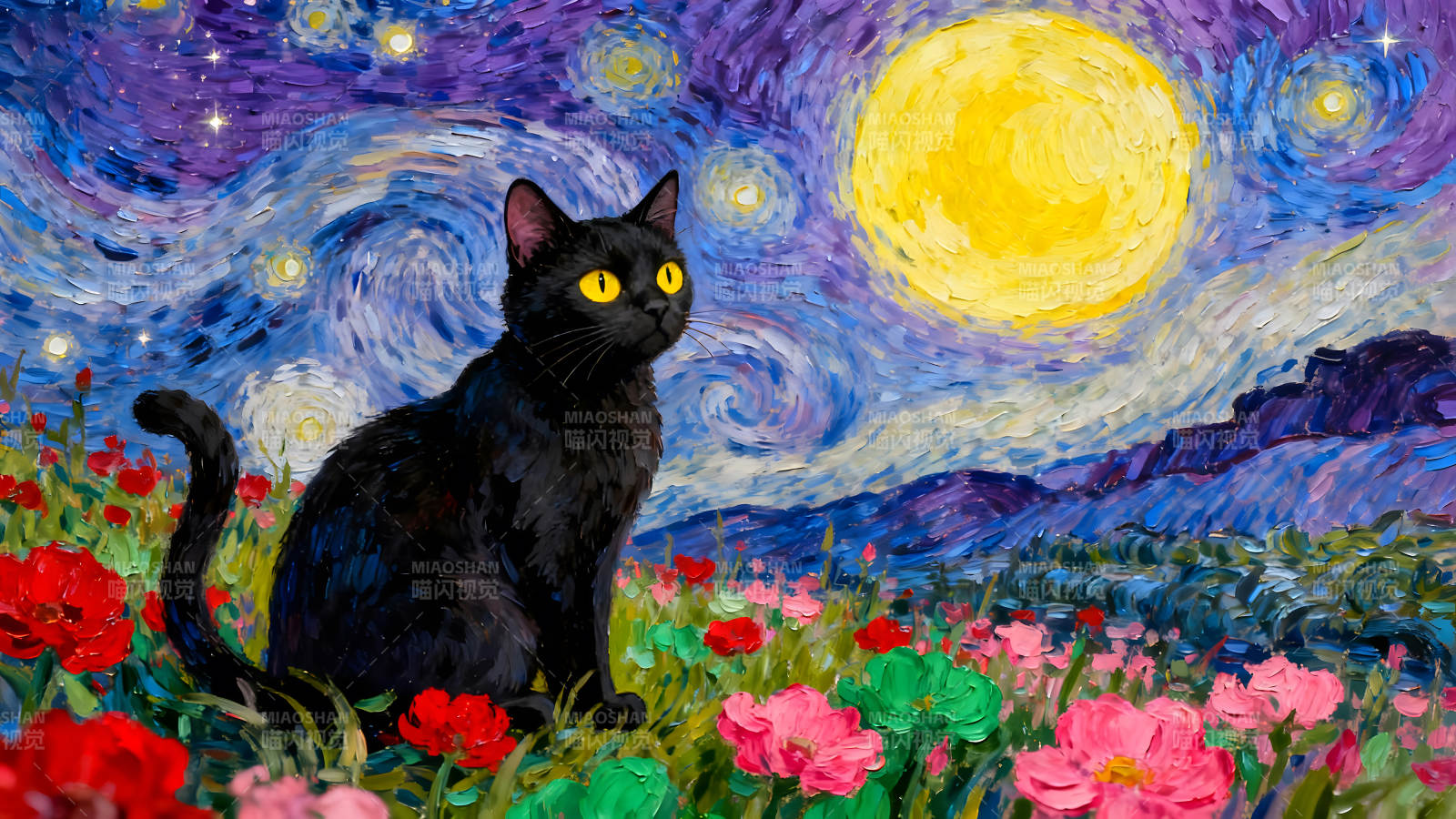 星空猫咪花园油画图片