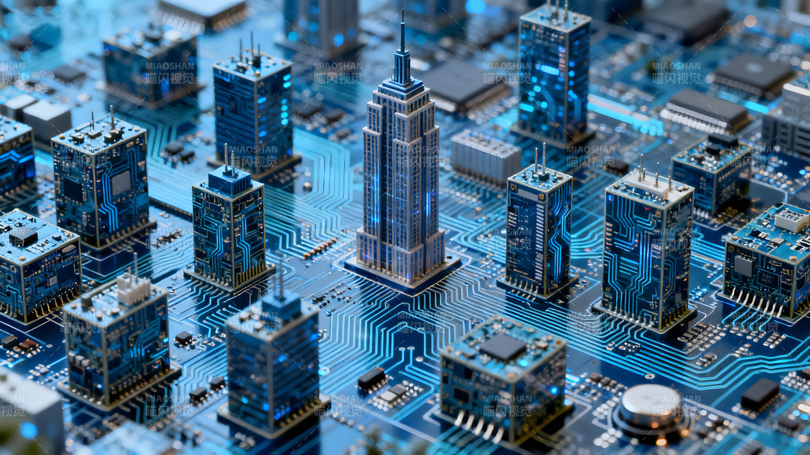 电路板上建筑模型构成的未来城市景象图片