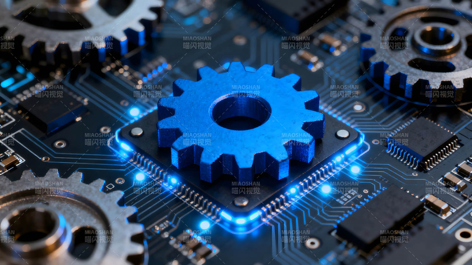 电路板上蓝色的齿轮和芯片图片