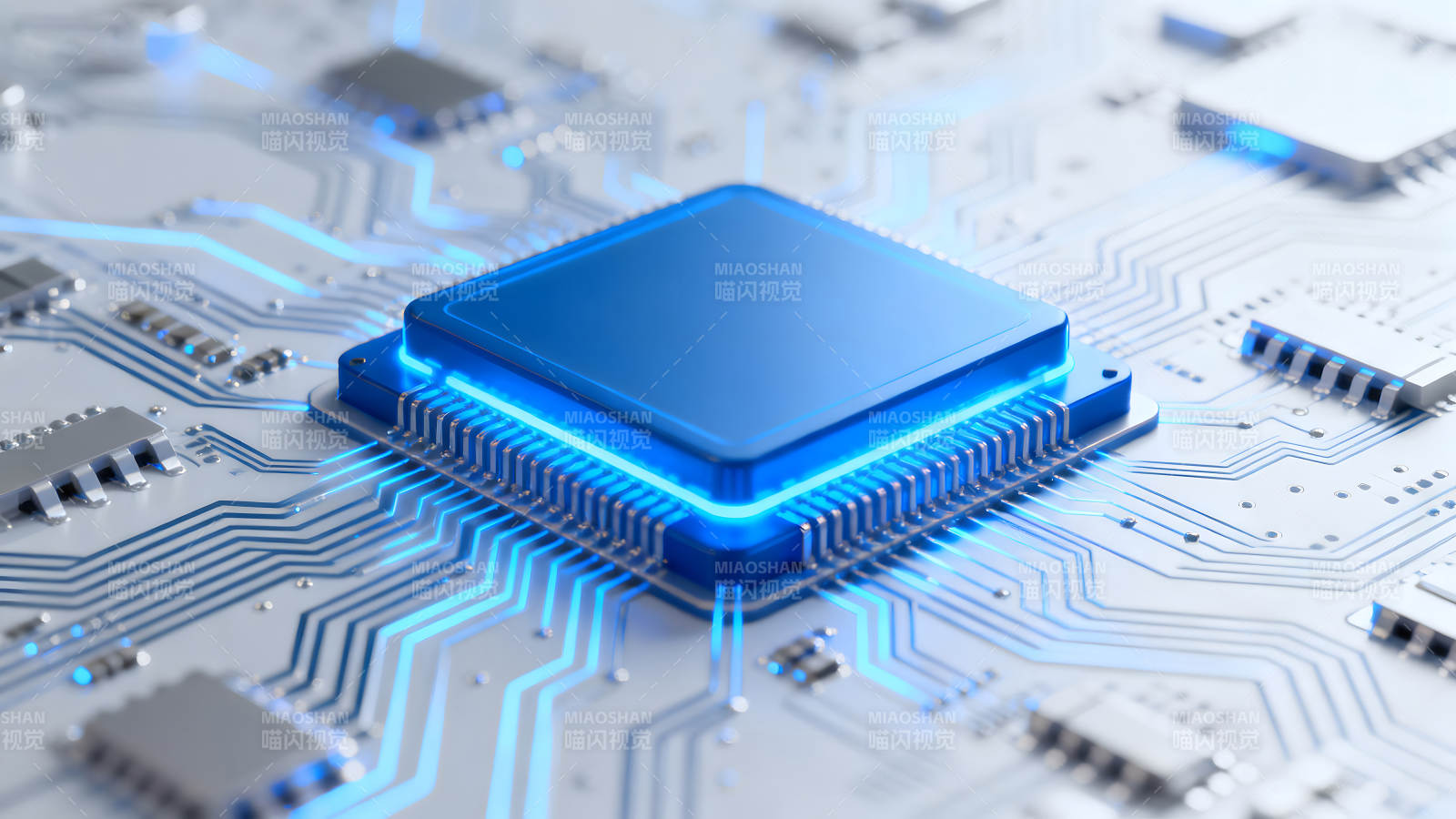 蓝色芯片与电路板特写图片