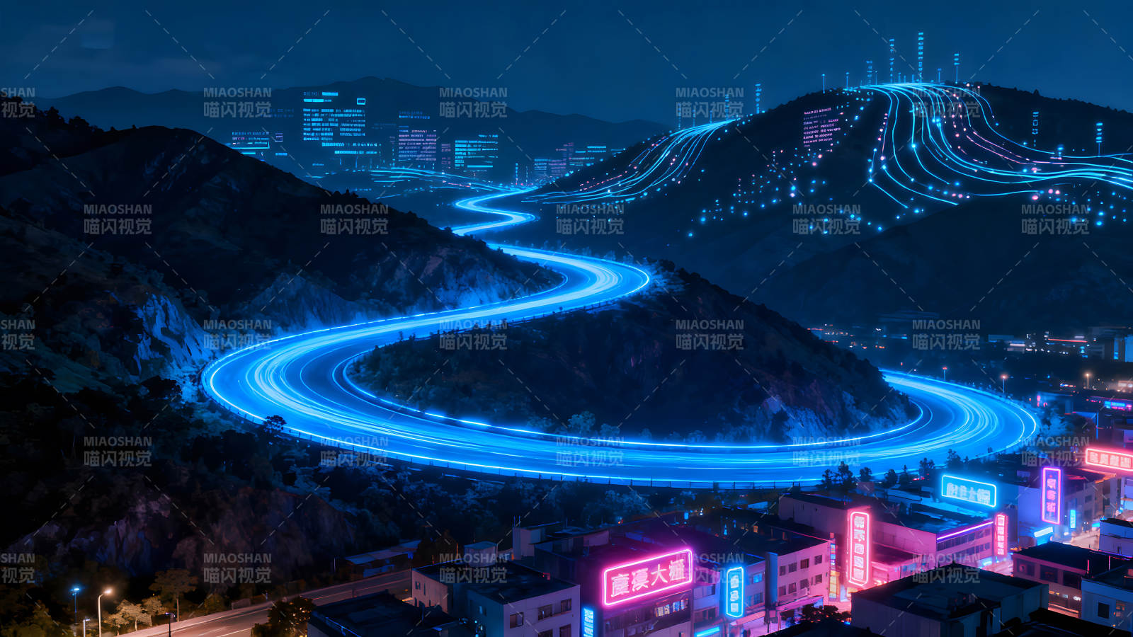 赛博朋克风格的城市夜景与数据传输图片