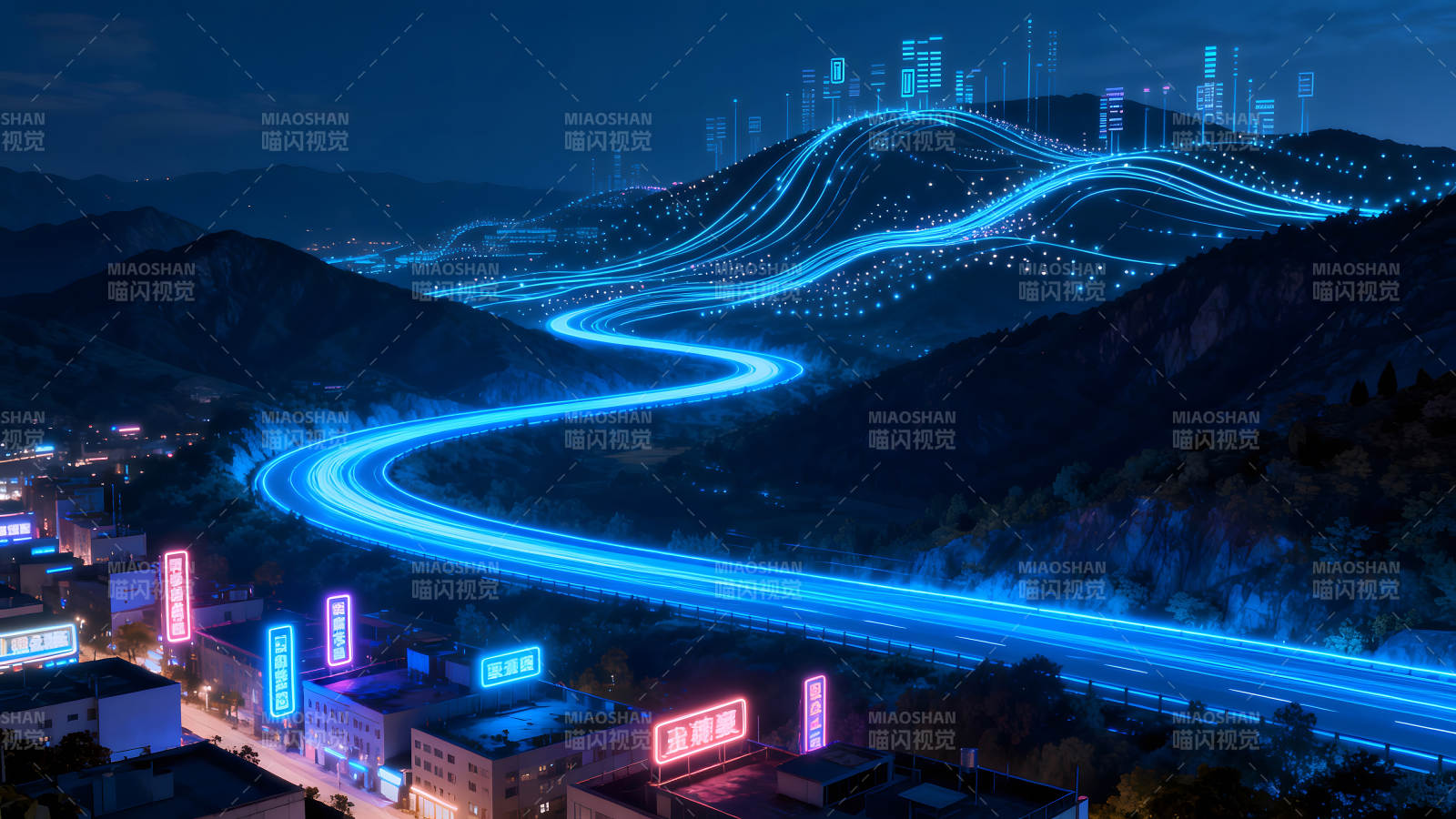 夜晚城市中的数据传输之路图片