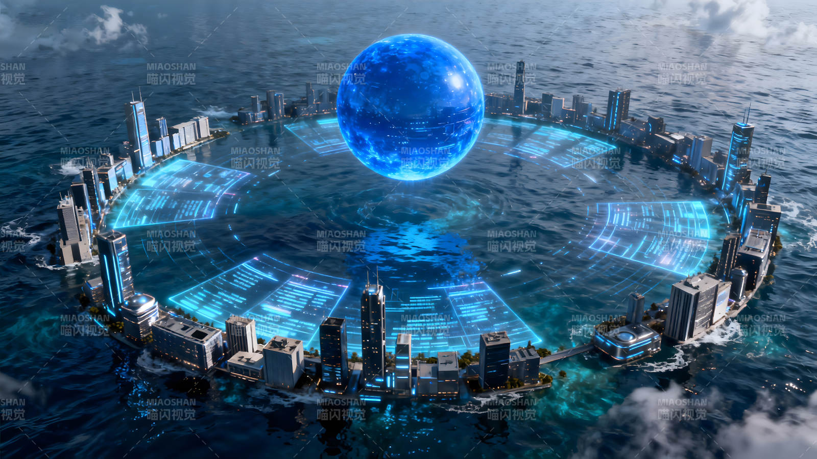 未来科技城市悬浮于海面之上图片