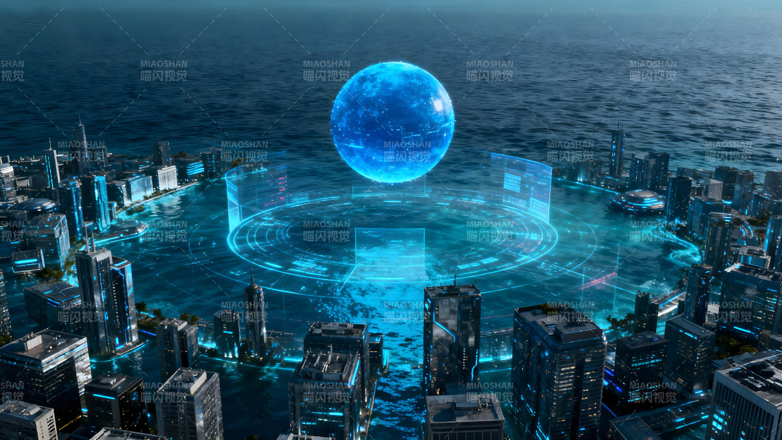 未来科技都市与蓝色能量球体图片