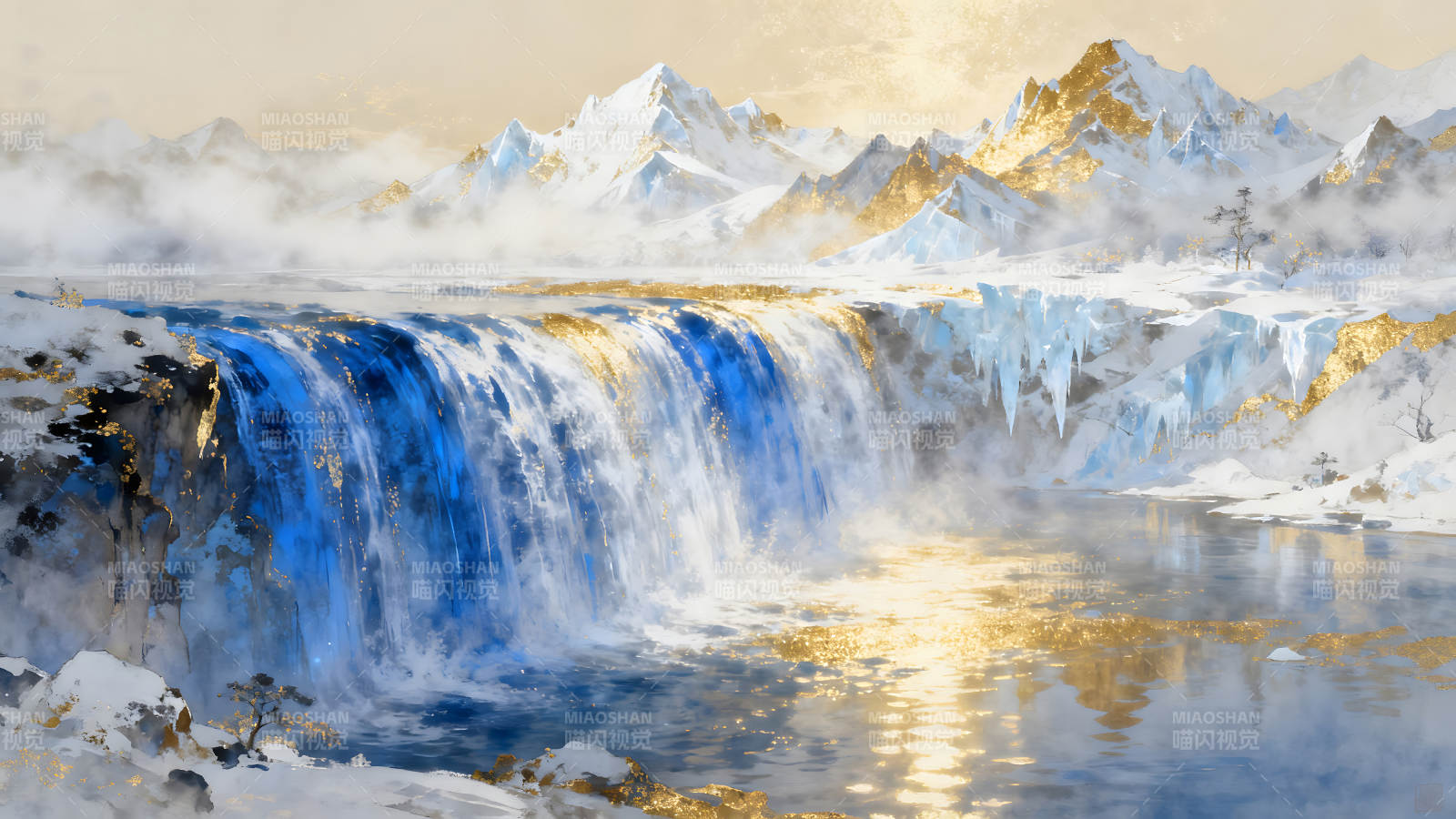 冰雪瀑布山峰金光流淌图片